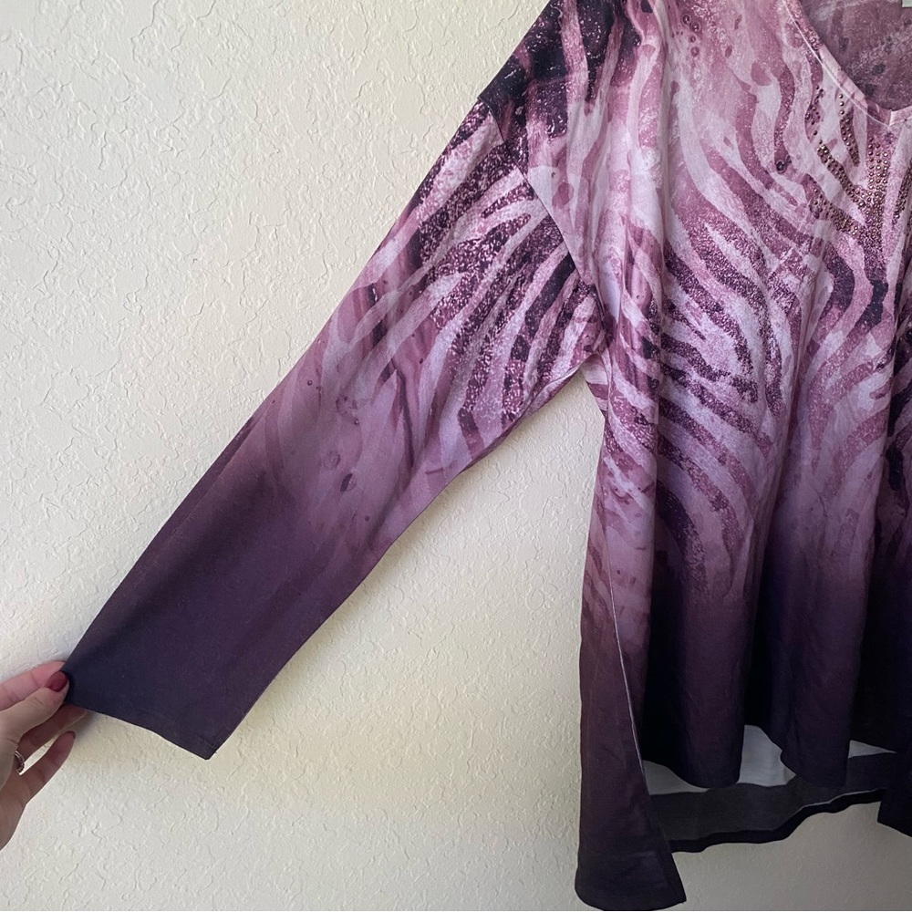 One World | Women's Boho Sparkle Patterned 3/4 Sleeve Top Size Large NWT Purple - Picture 5 of 8